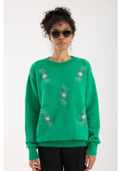 Kadın Yeşil Sakal Iplik Boncuk Nakışlı Bisiklet Yaka Triko Kazak fırsatları