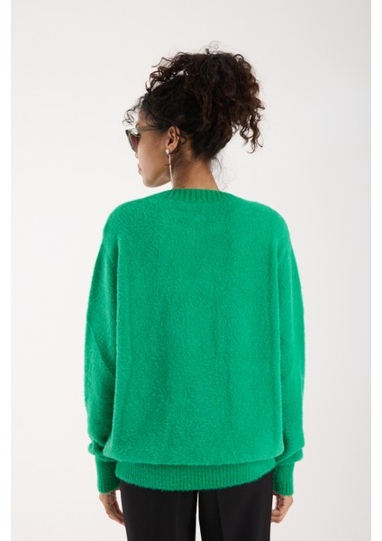 Kadın Yeşil Sakal Iplik Boncuk Nakışlı Bisiklet Yaka Triko Kazak indirimleri