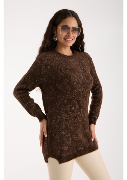 Kadın Acı Kahve Simli Sakal Iplik Yan Yırtmaçlı Bisiklet Yaka Triko Kazak