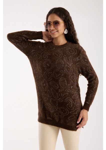 Kadın Acı Kahve Simli Sakal Iplik Yan Yırtmaçlı Bisiklet Yaka Triko Kazak fiyatları