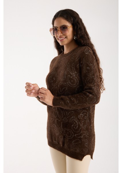 Kadın Acı Kahve Simli Sakal Iplik Yan Yırtmaçlı Bisiklet Yaka Triko Kazak modelleri