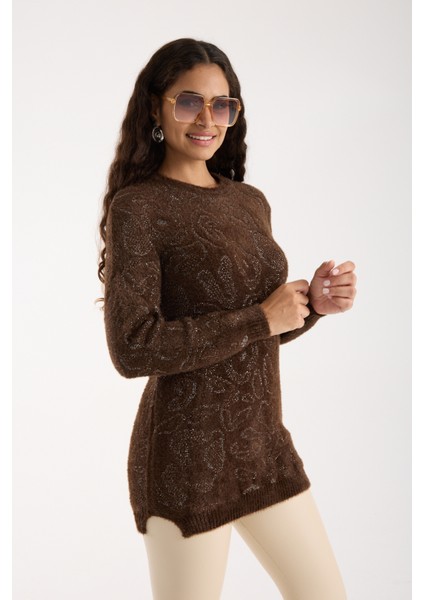Kadın Acı Kahve Simli Sakal Iplik Yan Yırtmaçlı Bisiklet Yaka Triko Kazak indirimleri