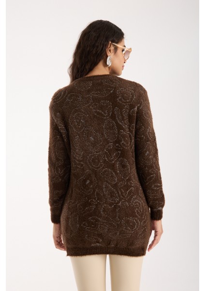 Kadın Acı Kahve Simli Sakal Iplik Yan Yırtmaçlı Bisiklet Yaka Triko Kazak