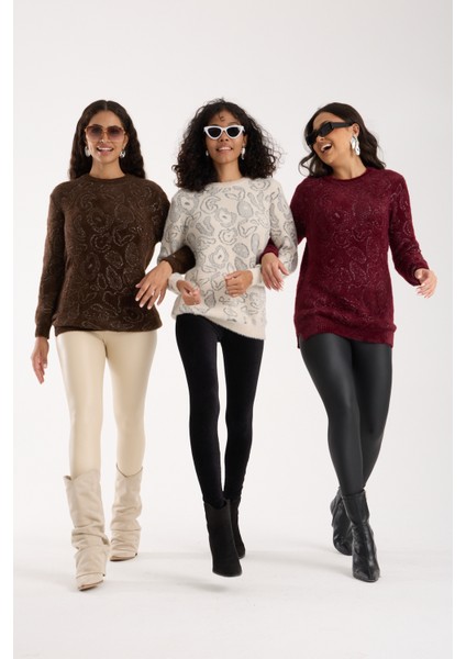 Kadın Acı Kahve Simli Sakal Iplik Yan Yırtmaçlı Bisiklet Yaka Triko Kazak