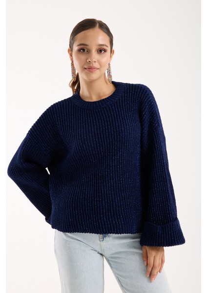 Kadın Koyu Laci Selanik Örgü Bisiklet Yaka Simli Oversize Triko Kazak