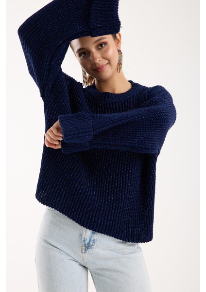 Kadın Koyu Laci Selanik Örgü Bisiklet Yaka Simli Oversize Triko Kazak fiyatları