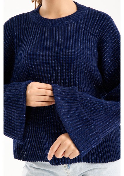 Kadın Koyu Laci Selanik Örgü Bisiklet Yaka Simli Oversize Triko Kazak modelleri