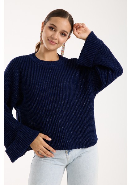 Kadın Koyu Laci Selanik Örgü Bisiklet Yaka Simli Oversize Triko Kazak fırsatları