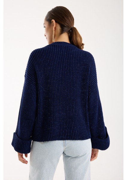 Kadın Koyu Laci Selanik Örgü Bisiklet Yaka Simli Oversize Triko Kazak indirimleri