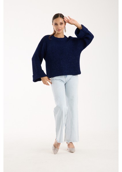 Kadın Koyu Laci Selanik Örgü Bisiklet Yaka Simli Oversize Triko Kazak