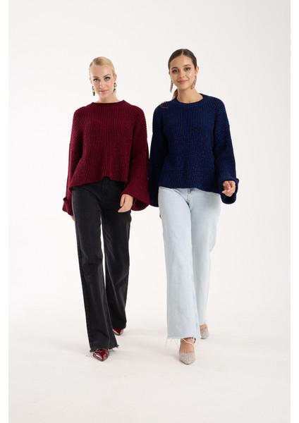 Kadın Koyu Laci Selanik Örgü Bisiklet Yaka Simli Oversize Triko Kazak