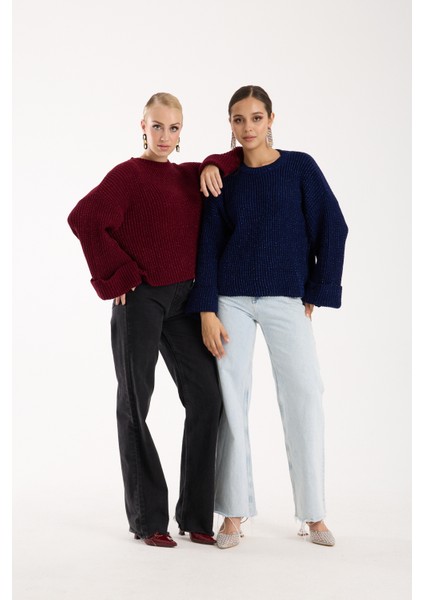 Kadın Koyu Laci Selanik Örgü Bisiklet Yaka Simli Oversize Triko Kazak