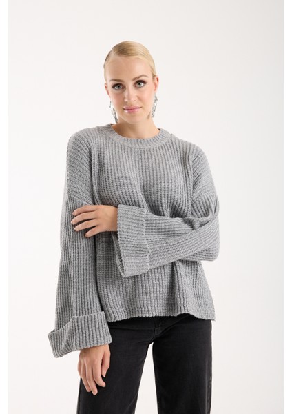 Kadın Gri Selanik Örgü Bisiklet Yaka Simli Oversize Triko Kazak