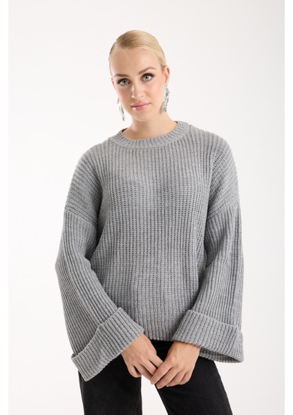 Kadın Gri Selanik Örgü Bisiklet Yaka Simli Oversize Triko Kazak fiyatları