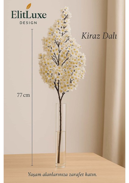 77 cm Gerçek Dokulu Kiraz Çiçeği Dalı – Soft Krem / Beyaz – Vazo Için Dekoratif Yapay Çiçek – Masa, Konsol ve Salon Aranjman Dalı