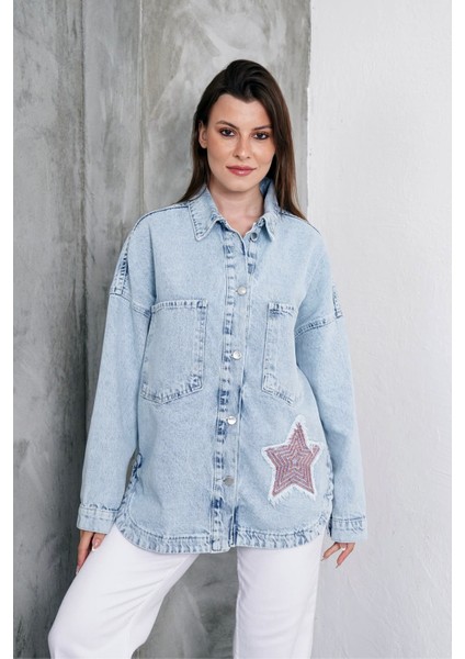 Ast 930 Yıldız Işlemeli Oversize Kadın Kot Ceket Mavi fiyatları