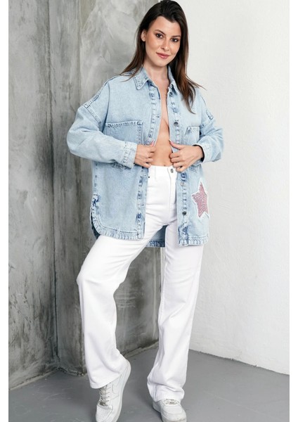 Ast 930 Yıldız Işlemeli Oversize Kadın Kot Ceket Mavi modelleri