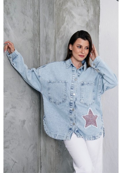Ast 930 Yıldız Işlemeli Oversize Kadın Kot Ceket Mavi indirimleri