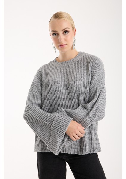 Kadın Gri Selanik Örgü Bisiklet Yaka Simli Oversize Triko Kazak modelleri