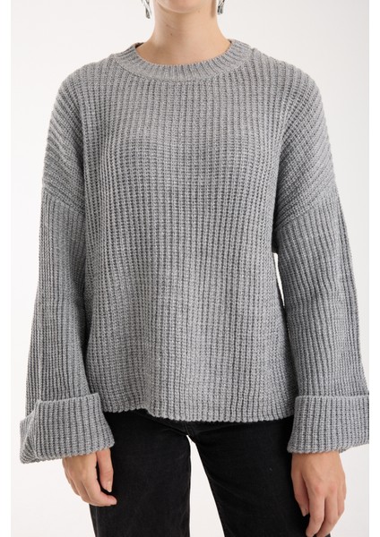 Kadın Gri Selanik Örgü Bisiklet Yaka Simli Oversize Triko Kazak indirimleri