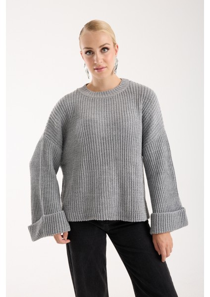 Kadın Gri Selanik Örgü Bisiklet Yaka Simli Oversize Triko Kazak