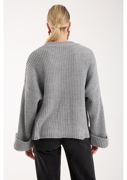 Kadın Gri Selanik Örgü Bisiklet Yaka Simli Oversize Triko Kazak