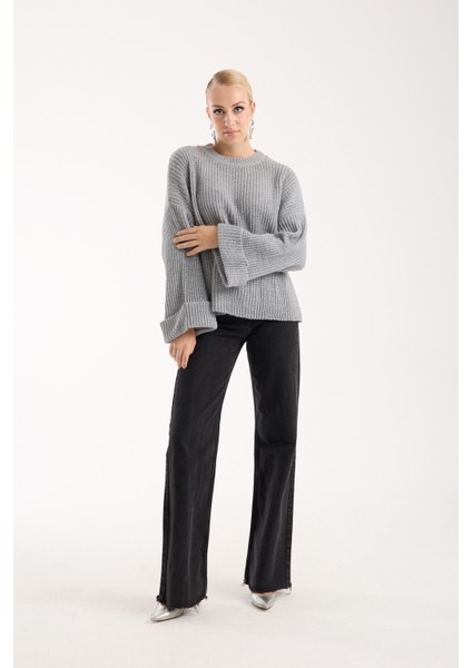 Kadın Gri Selanik Örgü Bisiklet Yaka Simli Oversize Triko Kazak