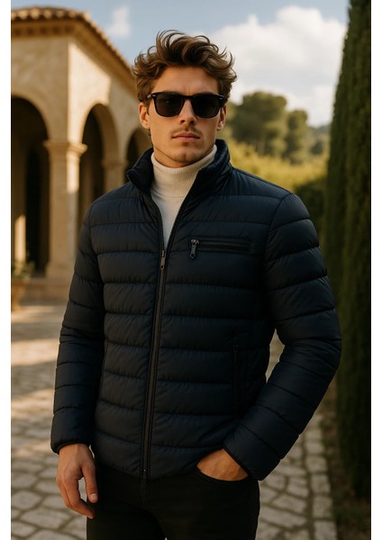 Erkek Comfort Dik Yaka Günlük Kışlık Lacivert Şişme Mont