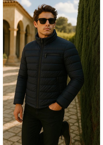 Erkek Comfort Dik Yaka Günlük Kışlık Lacivert Şişme Mont modelleri