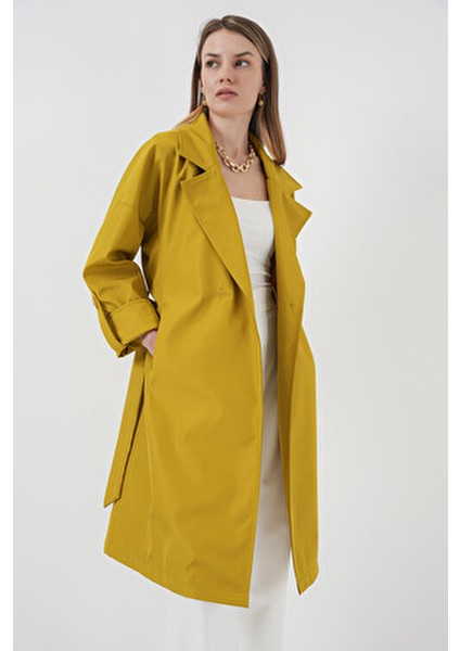 9104 Kruvaze Yaka Astarlı Trençkot - E.yeşil