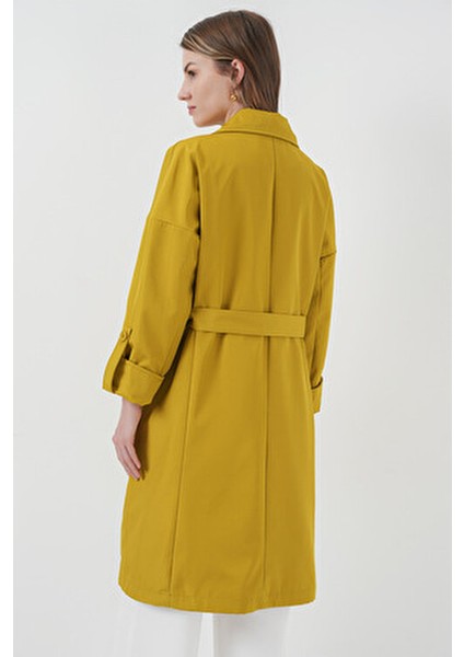 9104 Kruvaze Yaka Astarlı Trençkot - E.yeşil