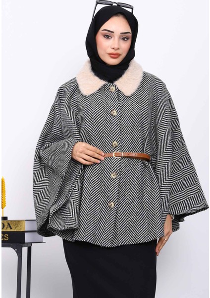 Siyah Yaka Kürklü Kemerli Panço