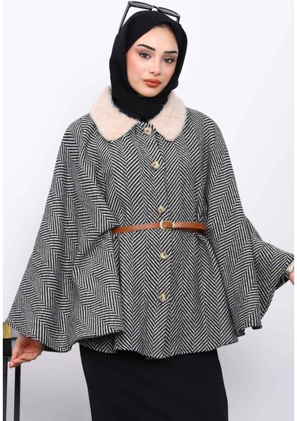 Siyah Yaka Kürklü Kemerli Panço modelleri