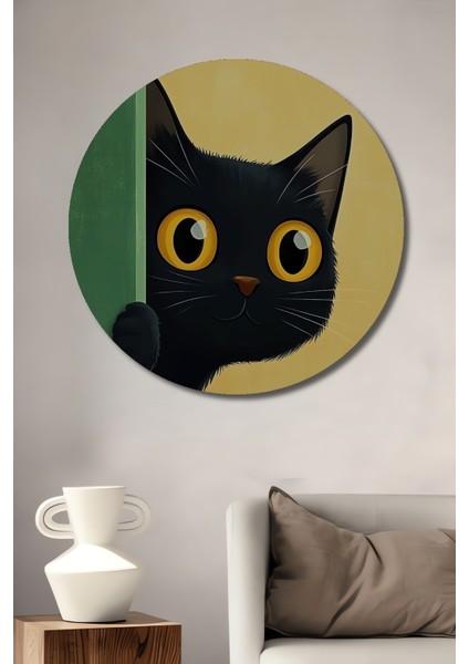 Siyah Kedi Gızemlı Bakış Sulu Boya Görünümlü Dekoratif Ahşap Tablo Yuvarlak Tablo