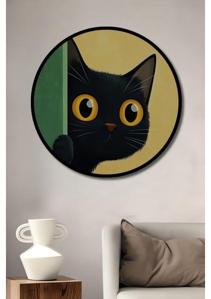 Siyah Kedi Gızemlı Bakış Sulu Boya Görünümlü Dekoratif Ahşap Tablo Yuvarlak Tablo fiyatları