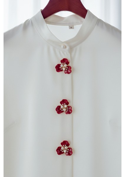 Kırmızı 3 Yapraklı Inci ve Kristalli Düğme Broş, Klips, Toka fiyatları