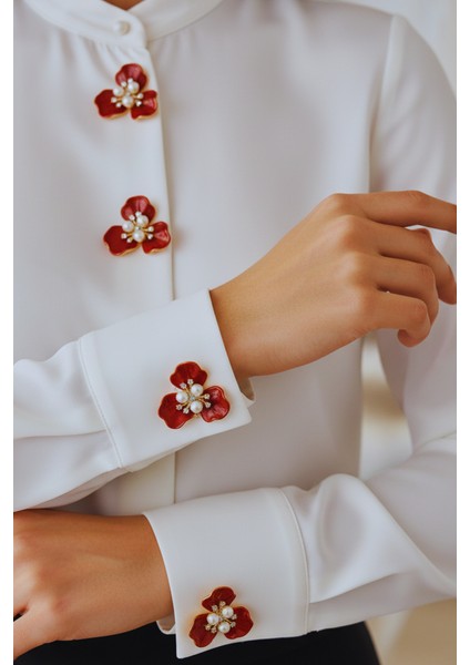 Kırmızı 3 Yapraklı Inci ve Kristalli Düğme Broş, Klips, Toka modelleri