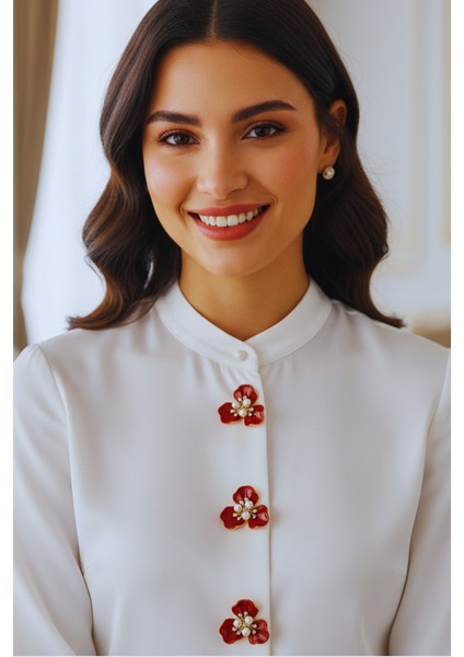 Kırmızı 3 Yapraklı Inci ve Kristalli Düğme Broş, Klips, Toka indirimleri