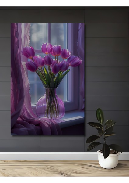 Mor Lale Buketi Sulu Boya Görünümlü Dekoratif Ahşap Tablo Dikdörtgen Tablo