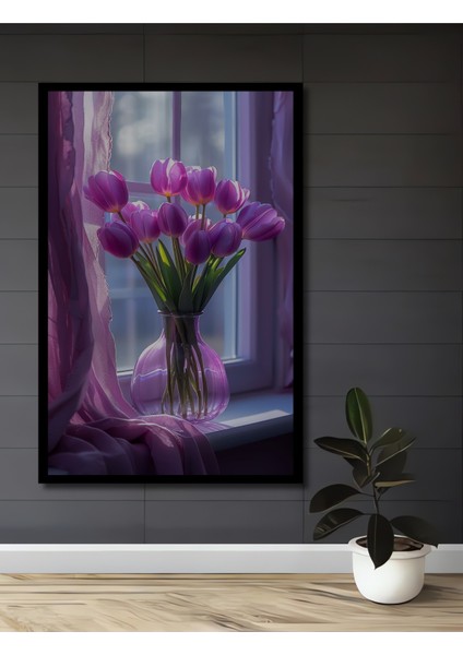 Mor Lale Buketi Sulu Boya Görünümlü Dekoratif Ahşap Tablo Dikdörtgen Tablo fiyatları
