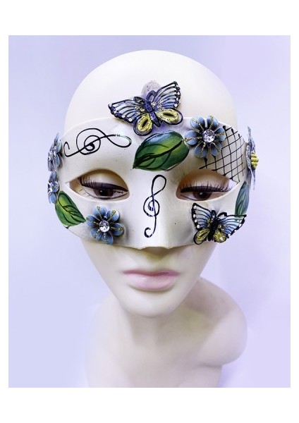 Kelebek ve Çiçek Işlemeli Venedik Maskesi Siyah Renk 10X18 cm