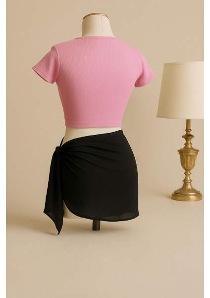 Kadın Pembe Yarım Kol Crop ve Siyah Pareo 2'li Set fiyatları