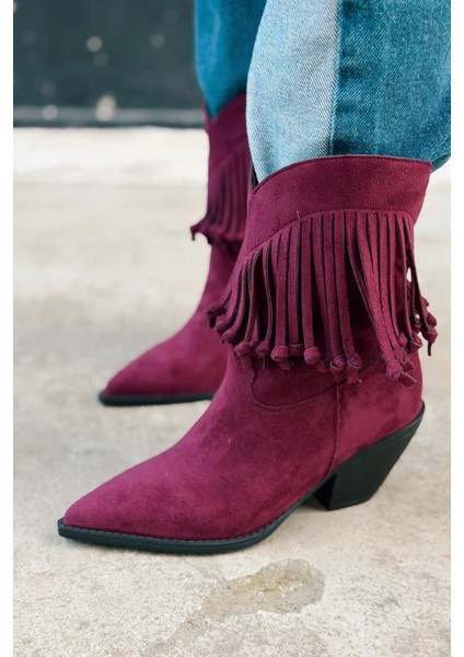 Iserne Kadın Kovboy Bot Bordo Süet Püsküllü