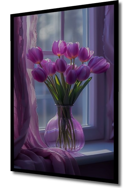 Mor Lale Buketi Sulu Boya Görünümlü Dekoratif Ahşap Tablo Dikdörtgen Tablo indirimleri