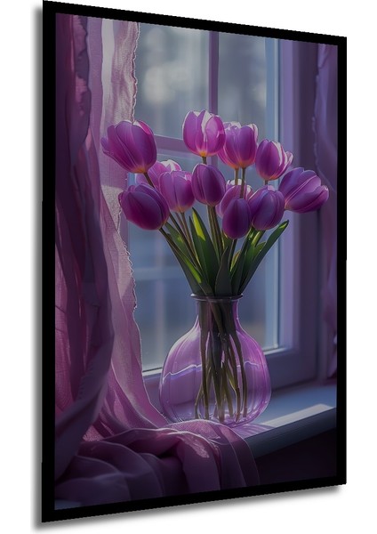 Mor Lale Buketi Sulu Boya Görünümlü Dekoratif Ahşap Tablo Dikdörtgen Tablo