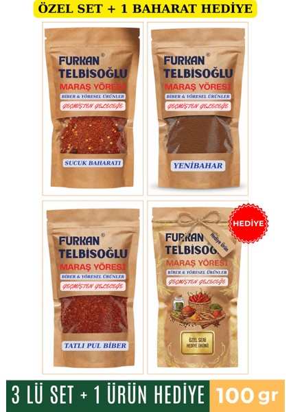 Tatlı Pul Biber 100GR + Sucuk Baharatı 100GR + Yenibahar Toz 100GR + 1 Baharat Hediye