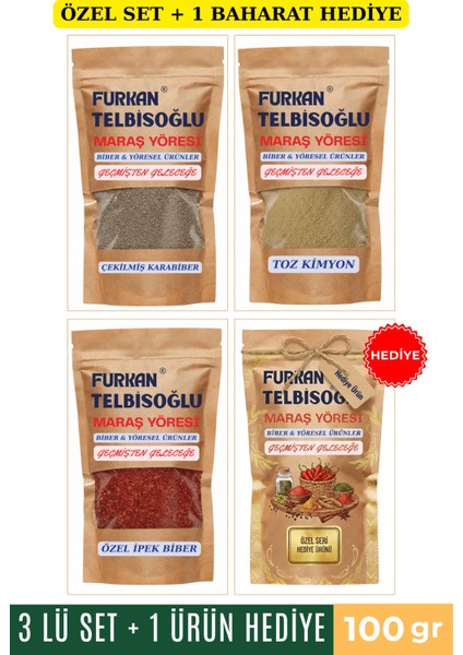 Özel Ipek Biber 100GR + Çekilmiş Karabiber 100GR + Kimyon Toz 100GR + 1 Baharat Hediye