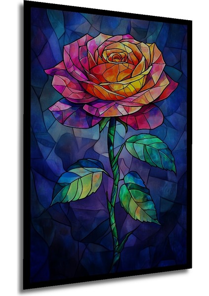Göz Alıcı Cam Vitray Görünümlü Renkli Gül Tablo Ahşap Dekoratif Tablo Dikdörtgen Tablo