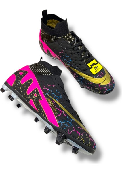 Unısex Çoraplı Halısaha & Çimsaha Krampon Siyah Fuşya Desenli