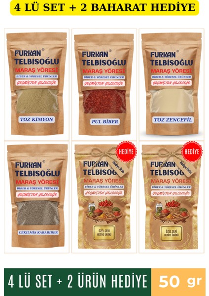 Çekilmiş Karabiber 50GR + Kimyon Toz 50GR + Zencefil Toz 50GR + Pul Biber 50GR + 2 Baharat Hediye